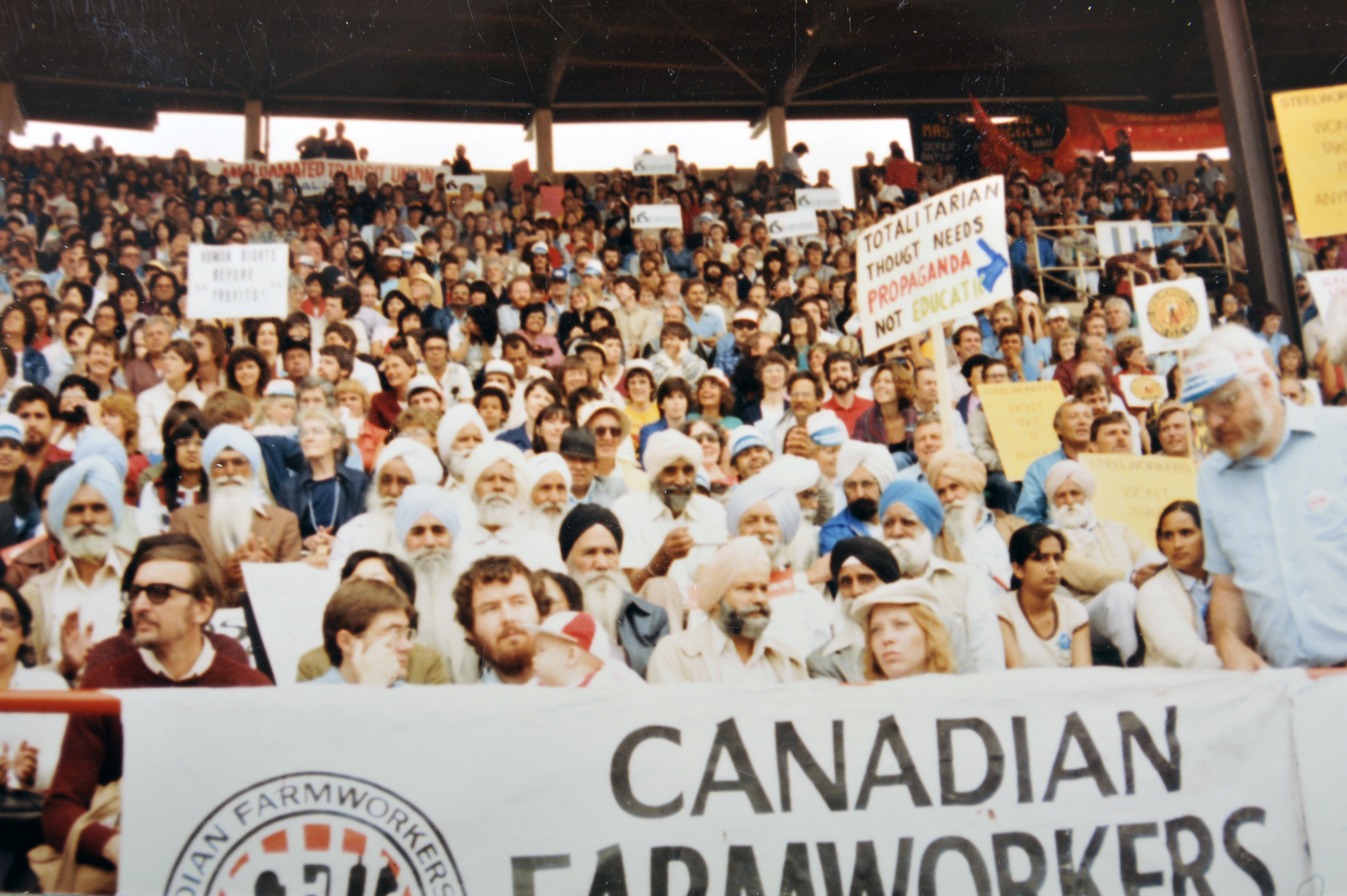 Solidarity Coalition Rally Empire Stadium 1983 Remi De Roo Ken Georgetti B.C. Abbotsford 1980 Sarwan Boal President Farmers UFW US CFU Canada Workers Farm
